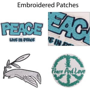 Various embroidered patches featuring text and designs in blue, green, and black on a white background, including a peace symbol.