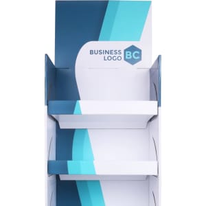 A premium cardboard floor display in blue and white with a branded logo and three shelves for product placement.