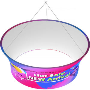 A circular hanging banner with a vibrant pink and blue design featuring a logo. The interior is white.
