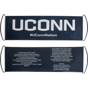 A hand-held roll-out fan flag in navy blue, featuring a logo and text on both sides.