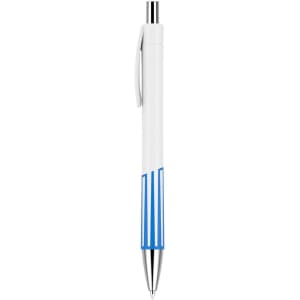 A plastic pen with a creamy white barrel and blue striped design, featuring a silver clip and tip.