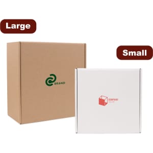 Two shipping boxes are displayed: a large brown box and a small white box with a logo.