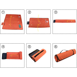 An orange picnic blanket with patterns, featuring folding instructions through six diagrammatic steps.