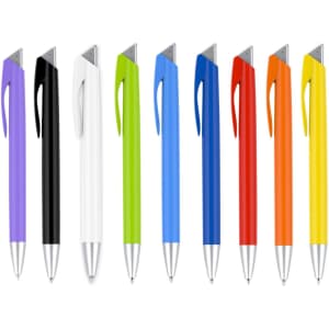 A array of plastic pens in purple, black, white, green, blue, red, orange, and a glossy silver tip, featuring a logo.