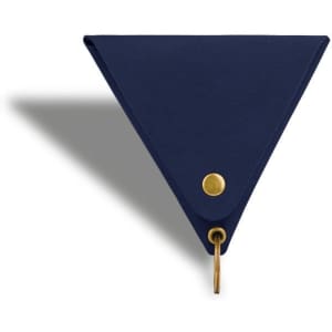A triangular navy coin holder with a brass snap button and keyring attachment.