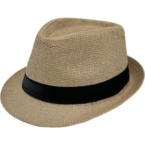 A tan straw hat with a black band, featuring a classic fedora design and a textured weave.