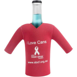 A drink bottle with a red cricket jersey cooler featuring short sleeves and a logo.