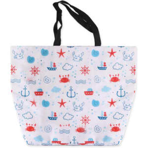 A polyester cooler tote bag featuring a nautical design with red, blue, and white elements. It has black handles and a logo.