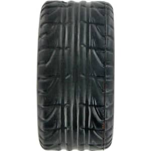 A black tire-shaped stress reliever with detailed tread pattern and a rounded design. Features a logo.