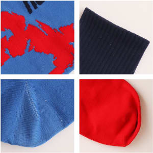 Knee high football socks featuring a blue and red custom pattern, with sections showing ribbed and smooth textures.