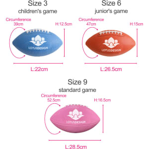 A set of three training American footballs in blue, orange, and pink, featuring a logo at the centre.