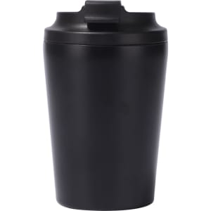 A stainless steel coffee mug in matte black with a screw-on lid and a logo. Perfect for on-the-go beverages.