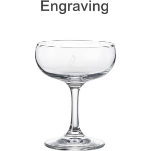 A clear glass martini coupe with a tall stem and a smooth, wide bowl. Features an engraving and a logo.
