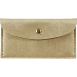 A gold PU leather glasses pouch with a snap closure and stitched detailing. It features a logo on the front.