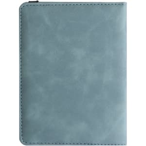 A blue multifunctional PU leather passport holder featuring a logo, with a sleek and minimalist design.