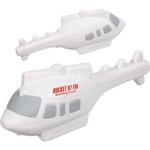 A white helicopter-shaped stress reliever with a grey windscreen and a logo on the side.