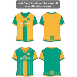 A reversible sports jersey featuring green and yellow designs, with a logo on it, shown from multiple angles.