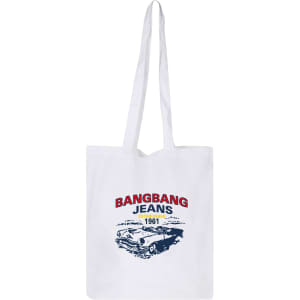 A white cotton tote bag with long handles, featuring a design and logo on the front.