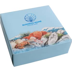 A blue mini tissue box featuring a seafood design and a logo on the top.