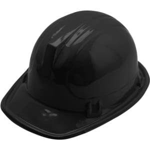 A black PVC construction hat with a smooth finish and a classic hard hat design. It features a logo on the side.