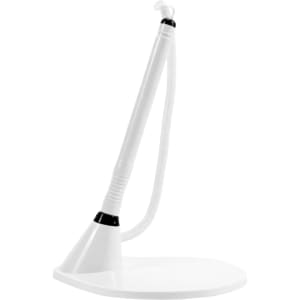 A white counter fixed signature pen with a flexible hose and a stable base. It includes a branding logo.