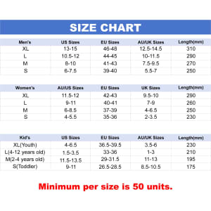 A size chart detailing measurements for men's, women's, and children's clothing in various sizing systems.