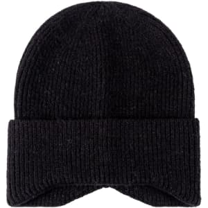 A black earflap beanie with a ribbed texture and a folded cuff. It features a logo on the side.
