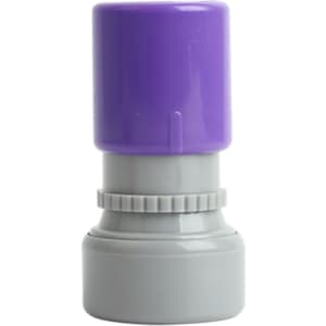 A round stamp with a grey base and a purple cap, featuring a logo on one side.