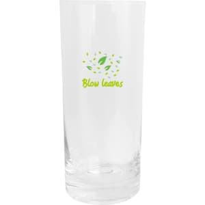 A clear beer glass with a simple logo featuring green leaves and text.