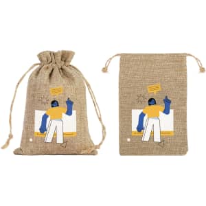 Two linen drawstring gift bags in natural colour, featuring illustrations in blue and yellow. One bag has a logo.