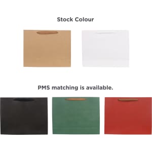 Large crosswise paper bags in brown, white, black, green, and red with fabric flat handles. Features a logo.