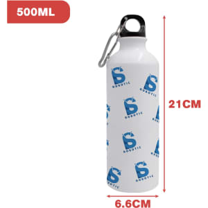 A drink bottle featuring a white design with blue branding, measuring 21cm in height and 6.6cm in diameter.