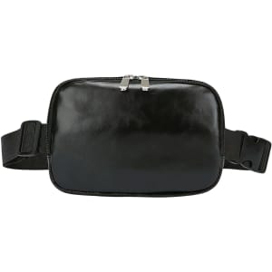 A black polyurethane fanny pack with a zip closure and a strap for adjustable wear. Features a logo.