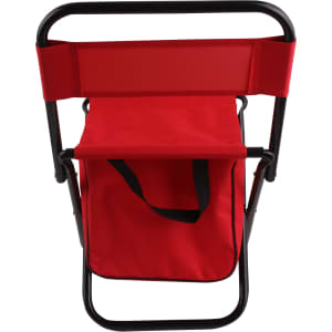 A red children's foldable camping chair with a black frame and attached bag for storage. It features a simple design for portability.