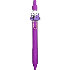 A purple acrylic pen featuring a cat design on the clip and a branding logo.