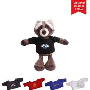 A brown raccoon plush toy wearing a black shirt, accompanied by various coloured optional custom T-shirts.