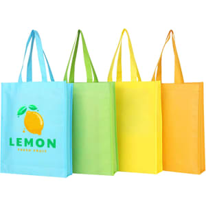 A collection of four non-woven bags in blue, green, yellow, and orange, featuring a logo on one bag.