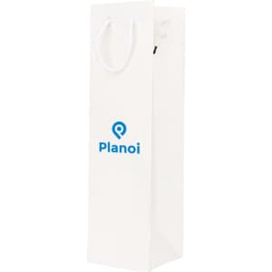 A wine bottle paper bag in white with a logo, featuring a rectangular shape and handles.