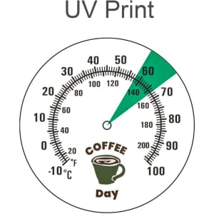 A round dial thermometer with a white background, black markings, and a green arrow indicating temperature, featuring a coffee graphic.