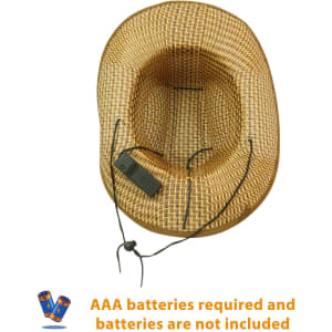 A straw hat featuring a light-up design, made of woven material with a chin strap. It includes a logo.