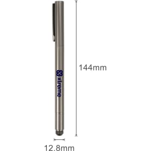 A silver pencil with a sleek design, featuring a clip and a logo on the side. Dimensions are 144mm by 12.8mm.