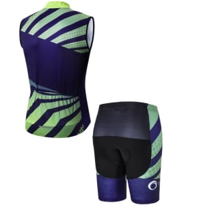Men's sublimated cycling shorts featuring a design in purple, green, and black with a logo on the back.