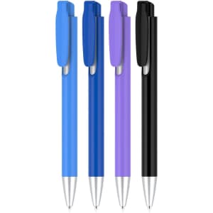 A set of four pens with blue, dark blue, purple, and black colour barrels, featuring silver accents and clips.