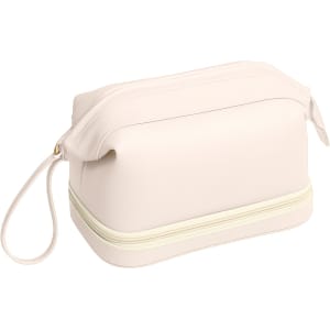 A large capacity toiletry bag in cream with a zip and a wrist strap. Features a sleek design and has a logo.