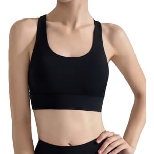 A black women's cross back yoga crop bra tank featuring a fitted design and a logo.