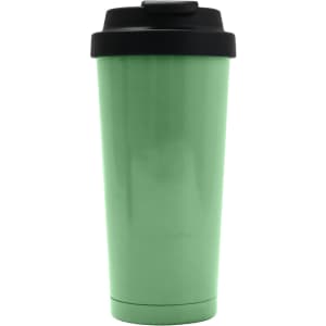 A drink bottle in matte mint green with a black lid, featuring a logo. Designed for vacuum insulation.