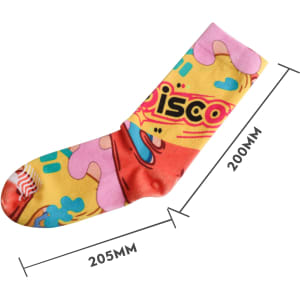 Brightly coloured sock featuring a playful design with pink, yellow, and blue elements. Includes a logo. Dimensions noted.