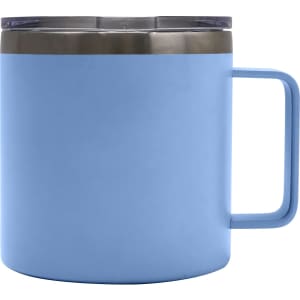 A drink bottle in light blue with a stainless steel lid and a sturdy handle, featuring a logo.
