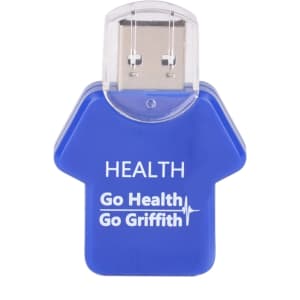 A blue flash drive designed in the shape of a T-shirt, featuring a logo and text on the front.