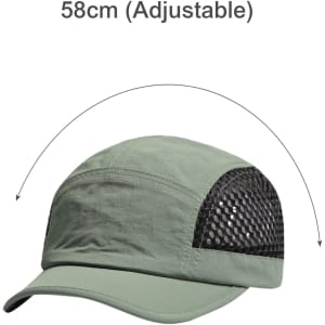 A short brimmed running cap in green with a black mesh panel and adjustable size feature.